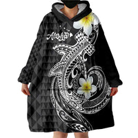 Aloha Hammerhead Shark Wearable Blanket Hoodie Black Hawaiian Kakau Tribal Tattoo