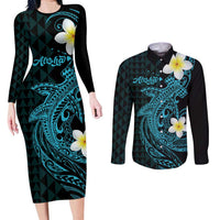 Aloha Hammerhead Shark Couples Matching Long Sleeve Bodycon Dress and Long Sleeve Button Shirt Calypso Hawaiian Kakau Tribal Tattoo