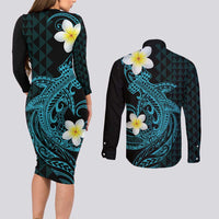 Aloha Hammerhead Shark Couples Matching Long Sleeve Bodycon Dress and Long Sleeve Button Shirt Calypso Hawaiian Kakau Tribal Tattoo