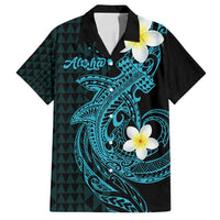 Aloha Hammerhead Shark Family Matching Off Shoulder Short Dress and Hawaiian Shirt Calypso Hawaiian Kakau Tribal Tattoo LT9 Dad's Shirt - Short Sleeve Blue - Polynesian Pride