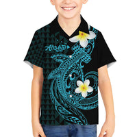 Aloha Hammerhead Shark Family Matching Off Shoulder Short Dress and Hawaiian Shirt Calypso Hawaiian Kakau Tribal Tattoo LT9 Son's Shirt Blue - Polynesian Pride
