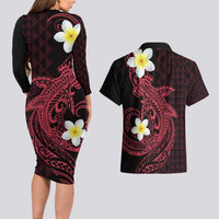 Aloha Hammerhead Shark Couples Matching Long Sleeve Bodycon Dress and Hawaiian Shirt Feverish Pink Hawaiian Kakau Tribal Tattoo