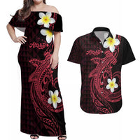 Aloha Hammerhead Shark Couples Matching Off Shoulder Maxi Dress and Hawaiian Shirt Feverish Pink Hawaiian Kakau Tribal Tattoo