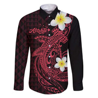 Aloha Hammerhead Shark Family Matching Off Shoulder Short Dress and Hawaiian Shirt Feverish Pink Hawaiian Kakau Tribal Tattoo LT9 Dad's Shirt - Long Sleeve Pink - Polynesian Pride