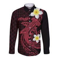 Aloha Hammerhead Shark Long Sleeve Button Shirt Feverish Pink Hawaiian Kakau Tribal Tattoo