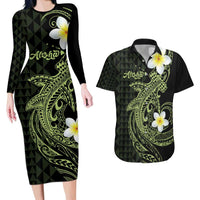 Aloha Hammerhead Shark Couples Matching Long Sleeve Bodycon Dress and Hawaiian Shirt Lime Rickey Hawaiian Kakau Tribal Tattoo
