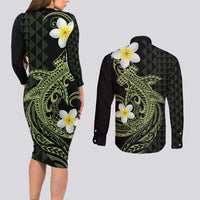 Aloha Hammerhead Shark Couples Matching Long Sleeve Bodycon Dress and Long Sleeve Button Shirt Lime Rickey Hawaiian Kakau Tribal Tattoo