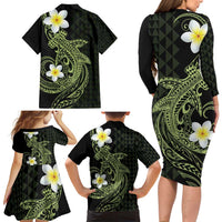 Aloha Hammerhead Shark Family Matching Long Sleeve Bodycon Dress and Hawaiian Shirt Lime Rickey Hawaiian Kakau Tribal Tattoo