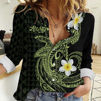 Aloha Hammerhead Shark Women Casual Shirt Lime Rickey Hawaiian Kakau Tribal Tattoo