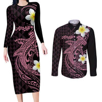 Aloha Hammerhead Shark Couples Matching Long Sleeve Bodycon Dress and Long Sleeve Button Shirt Vivacious Pink Hawaiian Kakau Tribal Tattoo