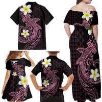Aloha Hammerhead Shark Family Matching Off Shoulder Maxi Dress and Hawaiian Shirt Vivacious Pink Hawaiian Kakau Tribal Tattoo
