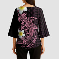 Aloha Hammerhead Shark Kimono Sleeve Blouse Vivacious Pink Hawaiian Kakau Tribal Tattoo - Polynesian Pride