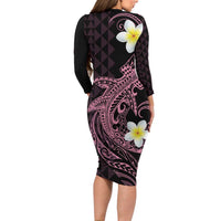 Aloha Hammerhead Shark Long Sleeve Bodycon Dress Vivacious Pink Hawaiian Kakau Tribal Tattoo