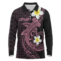 Aloha Hammerhead Shark Long Sleeve Polo Shirt Vivacious Pink Hawaiian Kakau Tribal Tattoo