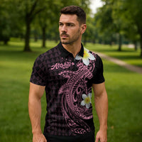 Aloha Hammerhead Shark Zipper Polo Shirt Vivacious Pink Hawaiian Kakau Tribal Tattoo - Polynesian Pride