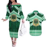Personalised Tonga Saineha High School Couples Matching Off The Shoulder Long Sleeve Dress and Hawaiian Shirt Polynesian Ngatu Tribal LT9 Green - Polynesian Pride