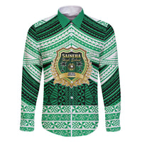 Personalised Tonga Saineha High School Family Matching Off The Shoulder Long Sleeve Dress and Hawaiian Shirt Polynesian Ngatu Tribal LT9 Dad's Shirt - Long Sleeve Green - Polynesian Pride