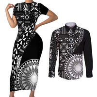Black Tongan Ngatu Fonulei Pattern Couples Matching Short Sleeve Bodycon Dress and Long Sleeve Button Shirt LT9 Black - Polynesian Pride