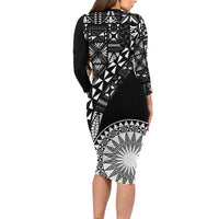 Black Tongan Ngatu Fonulei Pattern Family Matching Long Sleeve Bodycon Dress and Hawaiian Shirt LT9 - Polynesian Pride