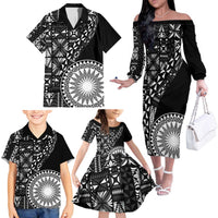 Black Tongan Ngatu Fonulei Pattern Family Matching Off The Shoulder Long Sleeve Dress and Hawaiian Shirt LT9 - Polynesian Pride