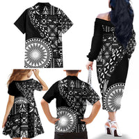 Black Tongan Ngatu Fonulei Pattern Family Matching Off The Shoulder Long Sleeve Dress and Hawaiian Shirt LT9 - Polynesian Pride