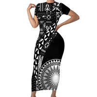 Black Tongan Ngatu Fonulei Pattern Family Matching Short Sleeve Bodycon Dress and Hawaiian Shirt LT9 Mom's Dress Black - Polynesian Pride