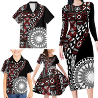 Red Tongan Ngatu Fonulei Pattern Family Matching Long Sleeve Bodycon Dress and Hawaiian Shirt LT9 - Polynesian Pride