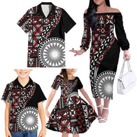 Red Tongan Ngatu Fonulei Pattern Family Matching Off The Shoulder Long Sleeve Dress and Hawaiian Shirt LT9 - Polynesian Pride