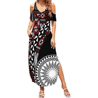 Red Tongan Ngatu Fonulei Pattern Family Matching Summer Maxi Dress and Hawaiian Shirt