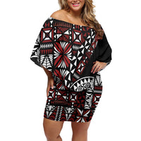 Red Tongan Ngatu Fonulei Pattern Off Shoulder Short Dress