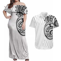 Hawaii and Japanese Culture Personalised Couples Matching Off Shoulder Maxi Dress and Hawaiian Shirt With Polynesian Tribal Tattoo Style LT9 White - Polynesian Pride