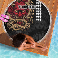 Hawaii and Japanese Oni Mask Personalised Beach Blanket Kakau Pattern Dark Art Style