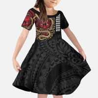 Hawaii and Japanese Oni Mask Personalised Family Matching Long Sleeve Bodycon Dress and Hawaiian Shirt Kakau Pattern Dark Art Style LT9 Daughter's Dress Black - Polynesian Pride