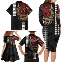 Hawaii and Japanese Oni Mask Personalised Family Matching Long Sleeve Bodycon Dress and Hawaiian Shirt Kakau Pattern Dark Art Style LT9 - Polynesian Pride