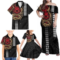 Hawaii and Japanese Oni Mask Personalised Family Matching Off Shoulder Maxi Dress and Hawaiian Shirt Kakau Pattern Dark Art Style LT9 - Polynesian Pride