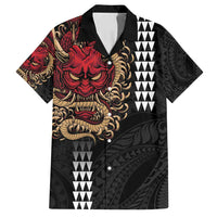 Hawaii and Japanese Oni Mask Personalised Family Matching Off Shoulder Maxi Dress and Hawaiian Shirt Kakau Pattern Dark Art Style LT9 Dad's Shirt - Short Sleeve Black - Polynesian Pride