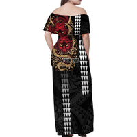Hawaii and Japanese Oni Mask Personalised Family Matching Off Shoulder Maxi Dress and Hawaiian Shirt Kakau Pattern Dark Art Style LT9 - Polynesian Pride