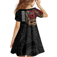 Hawaii and Japanese Oni Mask Personalised Family Matching Off Shoulder Short Dress and Hawaiian Shirt Kakau Pattern Dark Art Style LT9 - Polynesian Pride