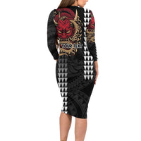 Hawaii and Japanese Oni Mask Personalised Long Sleeve Bodycon Dress Kakau Pattern Dark Art Style