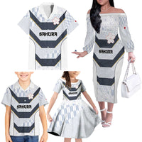Japan Pacific Rugby 2022-23 Custom Family Matching Off The Shoulder Long Sleeve Dress and Hawaiian Shirt Black Sakura Japanese Wave Pattern