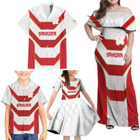 Japan Pacific Rugby 2022-23 Custom Family Matching Off Shoulder Maxi Dress and Hawaiian Shirt Red Sakura Japanese Wave Pattern