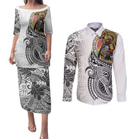 Japanese Samurai Warrior Couples Matching Puletasi and Long Sleeve Button Shirt White Polynesian Tattoo Style LT9 White - Polynesian Pride