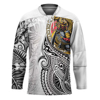 Japanese Samurai Warrior Hockey Jersey White Polynesian Tattoo Style - Polynesian Pride