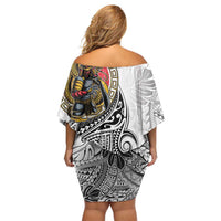 Japanese Samurai Warrior Off Shoulder Short Dress White Polynesian Tattoo Style