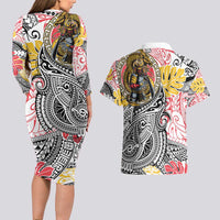Japanese Samurai Warrior Couples Matching Long Sleeve Bodycon Dress and Hawaiian Shirt Colorful Polynesian Tattoo Style