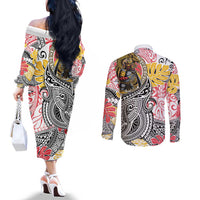 Japanese Samurai Warrior Couples Matching Off The Shoulder Long Sleeve Dress and Long Sleeve Button Shirt Colorful Polynesian Tattoo Style
