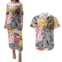 Japanese Samurai Warrior Couples Matching Puletasi and Hawaiian Shirt Colorful Polynesian Tattoo Style