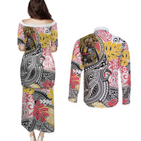 Japanese Samurai Warrior Couples Matching Puletasi and Long Sleeve Button Shirt Colorful Polynesian Tattoo Style
