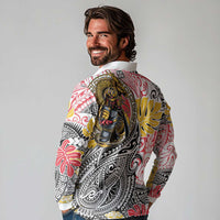 Japanese Samurai Warrior Long Sleeve Polo Shirt Colorful Polynesian Tattoo Style LT9 - Polynesian Pride
