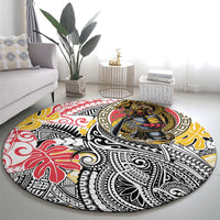 Japanese Samurai Warrior Round Carpet Colorful Polynesian Tattoo Style